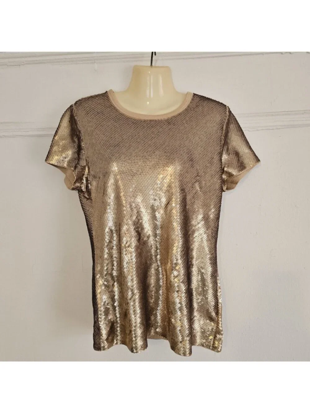 MICHAEL MICHAEL KORS Women's Crew Sequin T-Shirt, Golden, Large, Top Blouse